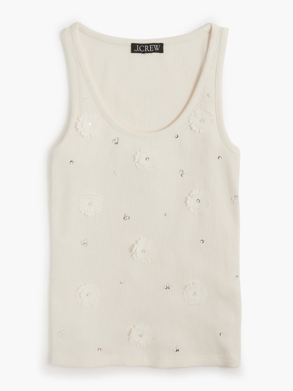 J. Crew Women’s Ribbed Embellished Tank Top, Cream, Rhinestone Floral, Large,NWT